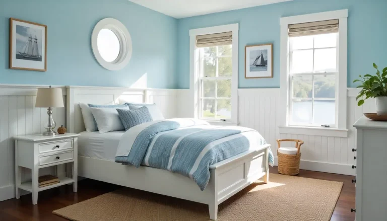 اتاق خواب با دیوارهای آبی روشن و اکسسوری سفید