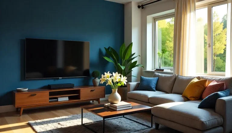 دیوار شاخص سرمه‌ای پشت تلویزیون در یک پذیرایی کوچک