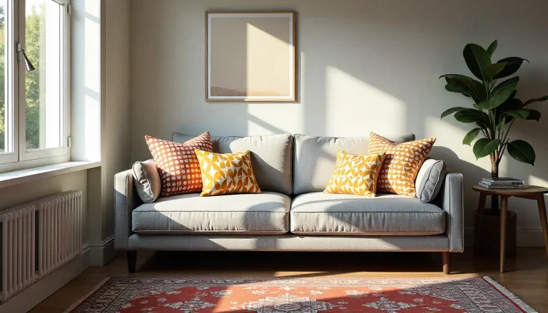 نشیمن کوچک با مبل طوسی و کوسن‌های رنگی